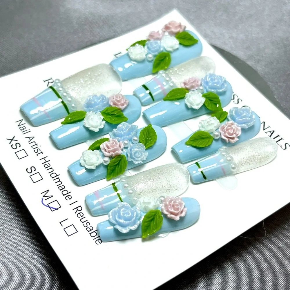 Floral Blue & White 3D Press-On Nails pearls handmade reusable 10 pc long length - Picture 5 of 7